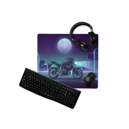 Yamaha MT-07 Inspired Black Blue Vaporwave Gaming Mouse Pad – Neon Moonlit City Desk Mat, Retro Futuristic Naked Motorcycle Digital Artwork