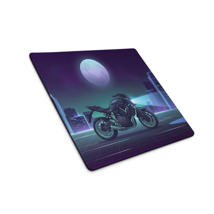 Yamaha MT-07 Inspired Black Blue Vaporwave Gaming Mouse Pad – Neon Moonlit City Desk Mat, Retro Futuristic Naked Motorcycle Digital Artwork