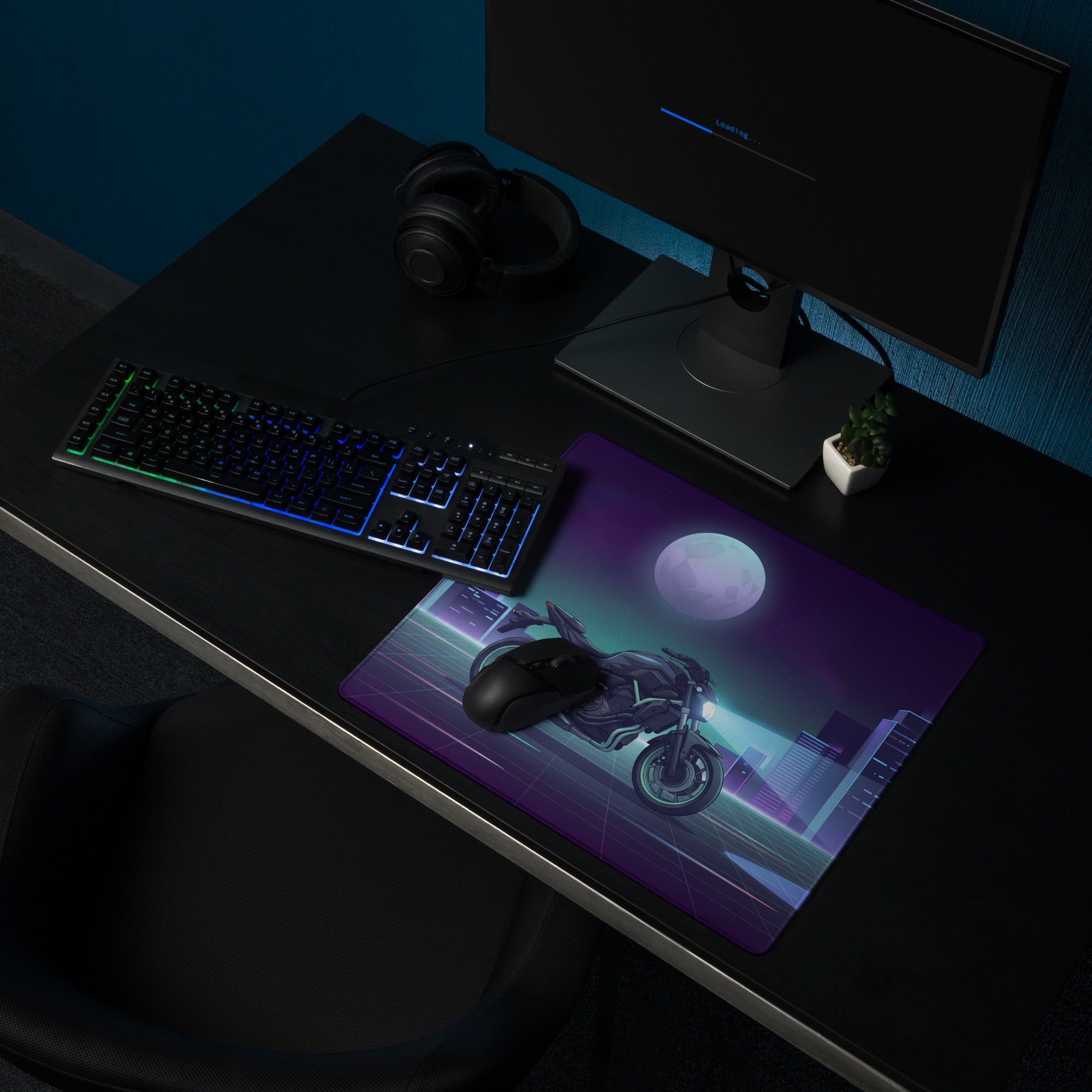 Yamaha MT-07 Inspired Black Blue Vaporwave Gaming Mouse Pad – Neon Moonlit City Desk Mat, Retro Futuristic Naked Motorcycle Digital Artwork