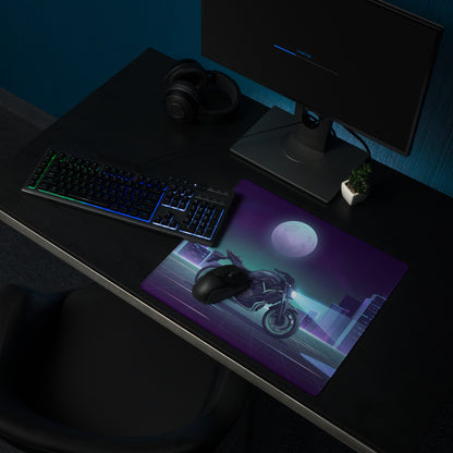 Yamaha MT-07 Inspired Black Blue Vaporwave Gaming Mouse Pad – Neon Moonlit City Desk Mat, Retro Futuristic Naked Motorcycle Digital Artwork