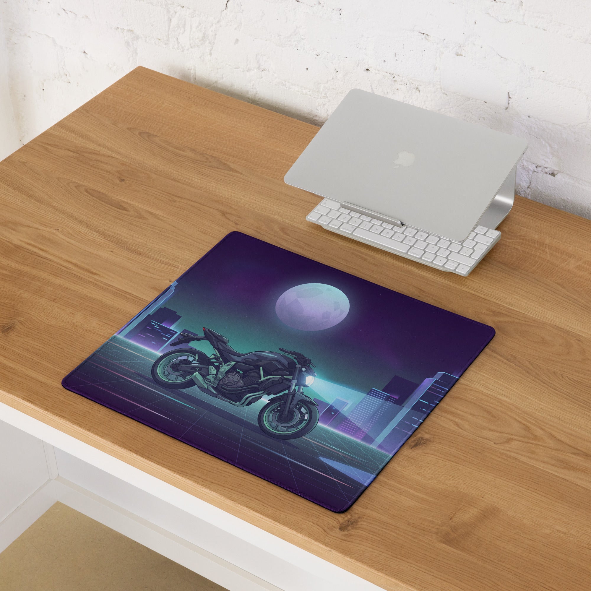 Yamaha MT-07 Inspired Black Blue Vaporwave Gaming Mouse Pad – Neon Moonlit City Desk Mat, Retro Futuristic Naked Motorcycle Digital Artwork