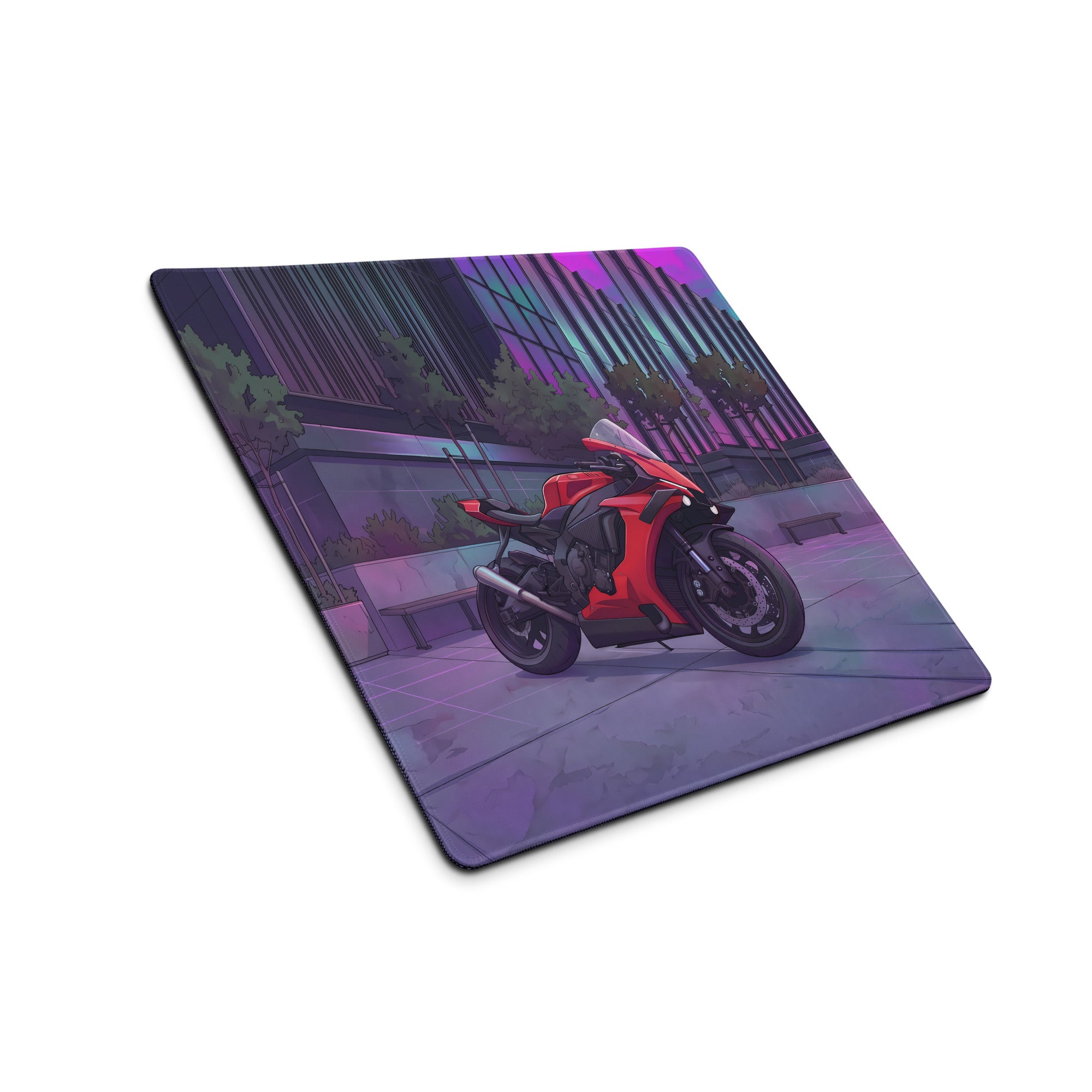 Yamaha YZF-R1 Inspired Red Purple Vaporwave Gaming Mouse Pad – Neon Cyberpunk City Desk Mat, Futuristic Superbike Digital Artwork