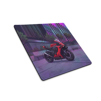 Yamaha YZF-R1 Inspired Red Purple Vaporwave Gaming Mouse Pad – Neon Cyberpunk City Desk Mat, Futuristic Superbike Digital Artwork