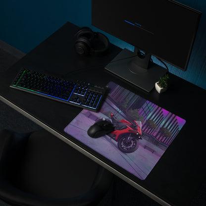 Yamaha YZF-R1 Inspired Red Purple Vaporwave Gaming Mouse Pad – Neon Cyberpunk City Desk Mat, Futuristic Superbike Digital Artwork