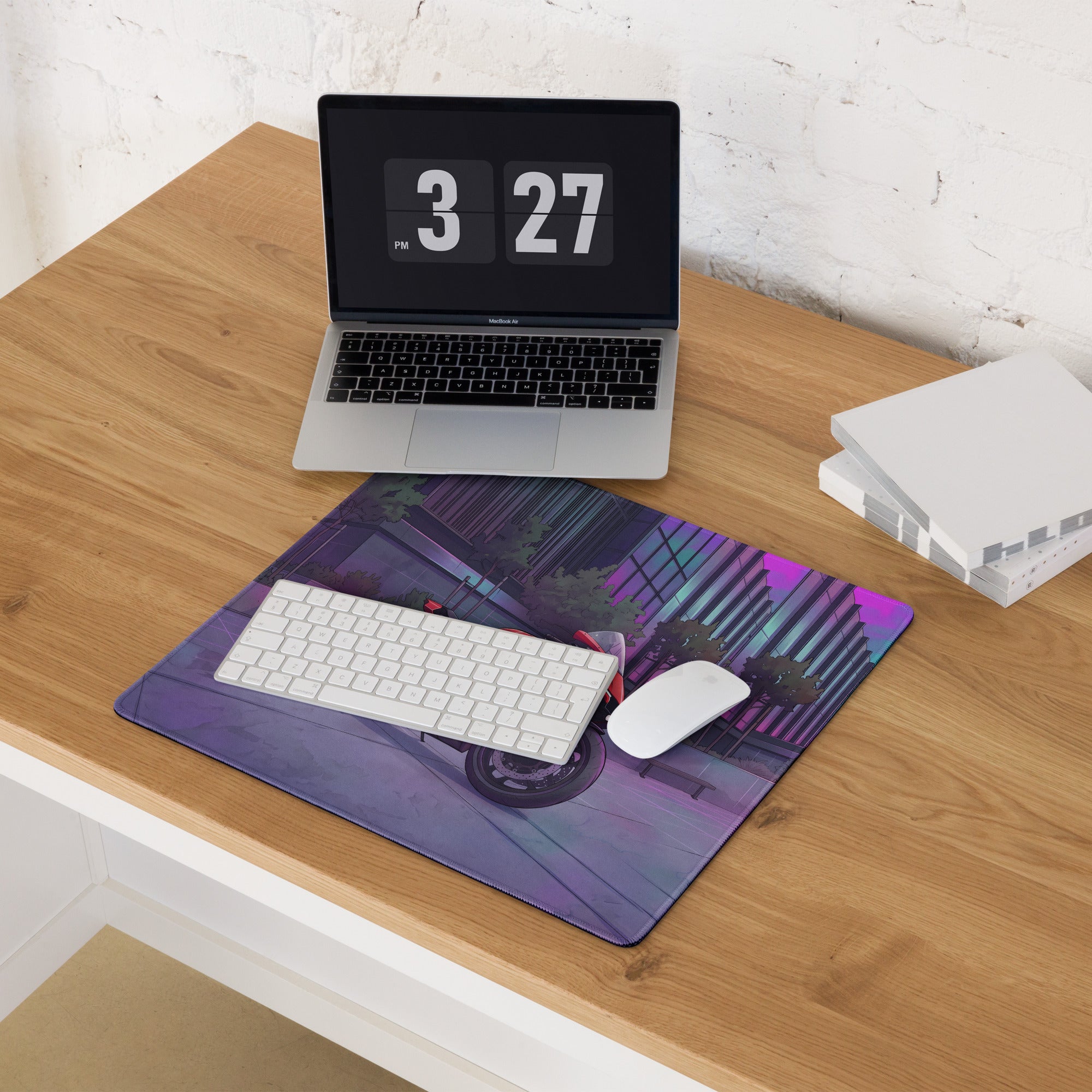 Yamaha YZF-R1 Inspired Red Purple Vaporwave Gaming Mouse Pad – Neon Cyberpunk City Desk Mat, Futuristic Superbike Digital Artwork