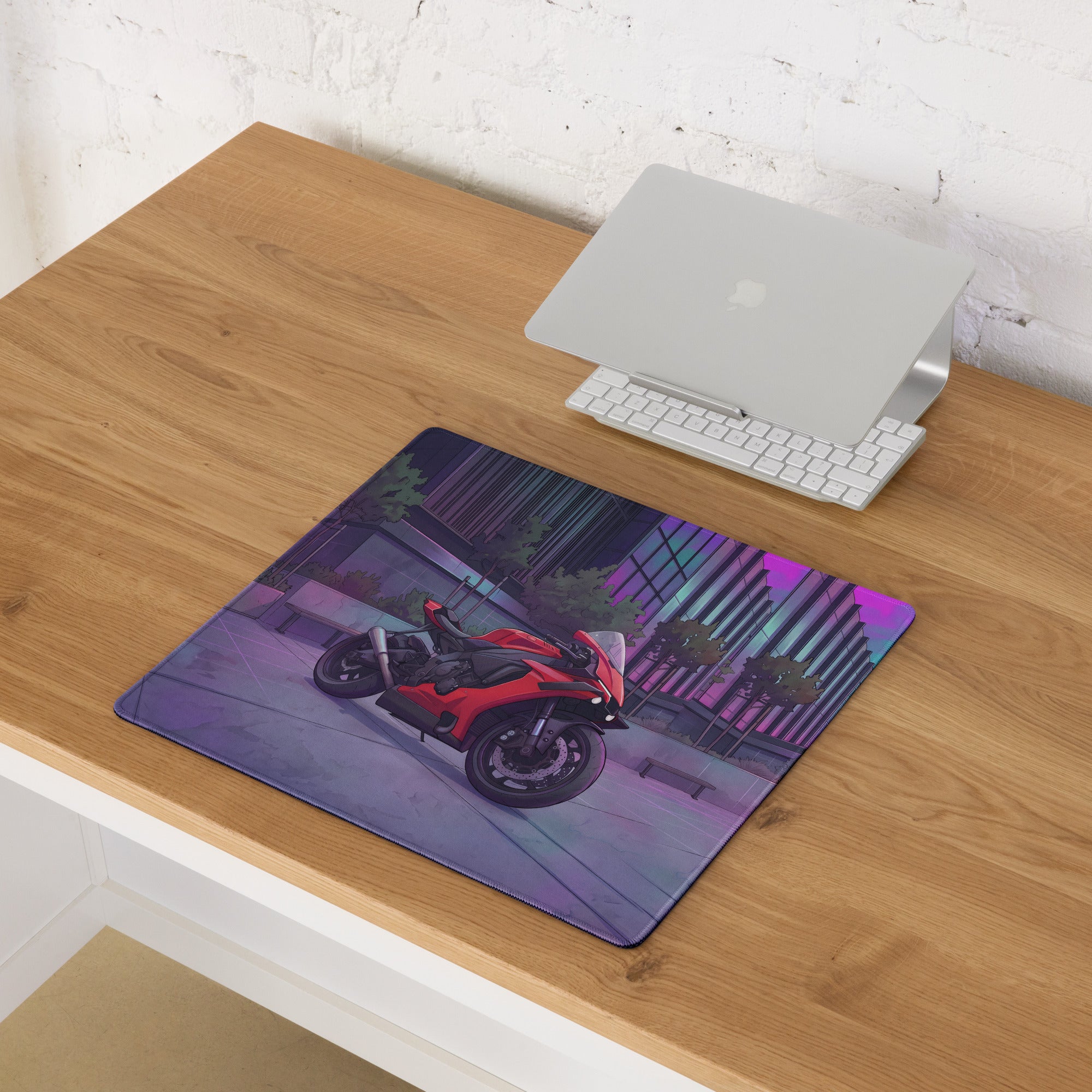Yamaha YZF-R1 Inspired Red Purple Vaporwave Gaming Mouse Pad – Neon Cyberpunk City Desk Mat, Futuristic Superbike Digital Artwork