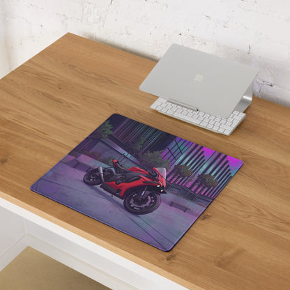 Yamaha YZF-R1 Inspired Red Purple Vaporwave Gaming Mouse Pad – Neon Cyberpunk City Desk Mat, Futuristic Superbike Digital Artwork