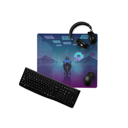 Yamaha YZF-R1 Inspired Blue Purple Vaporwave Gaming Mouse Pad – Neon Retro Grid Desk Mat, Futuristic Superbike Palm Tree Digital Artwork
