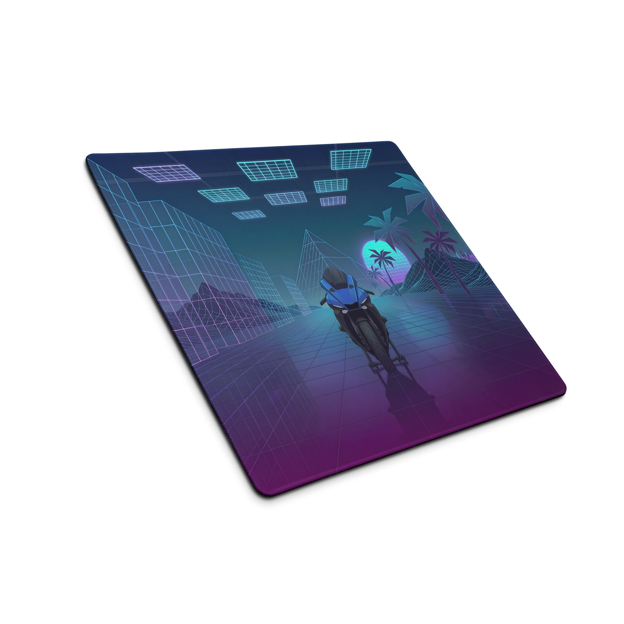 Yamaha YZF-R1 Inspired Blue Purple Vaporwave Gaming Mouse Pad – Neon Retro Grid Desk Mat, Futuristic Superbike Palm Tree Digital Artwork