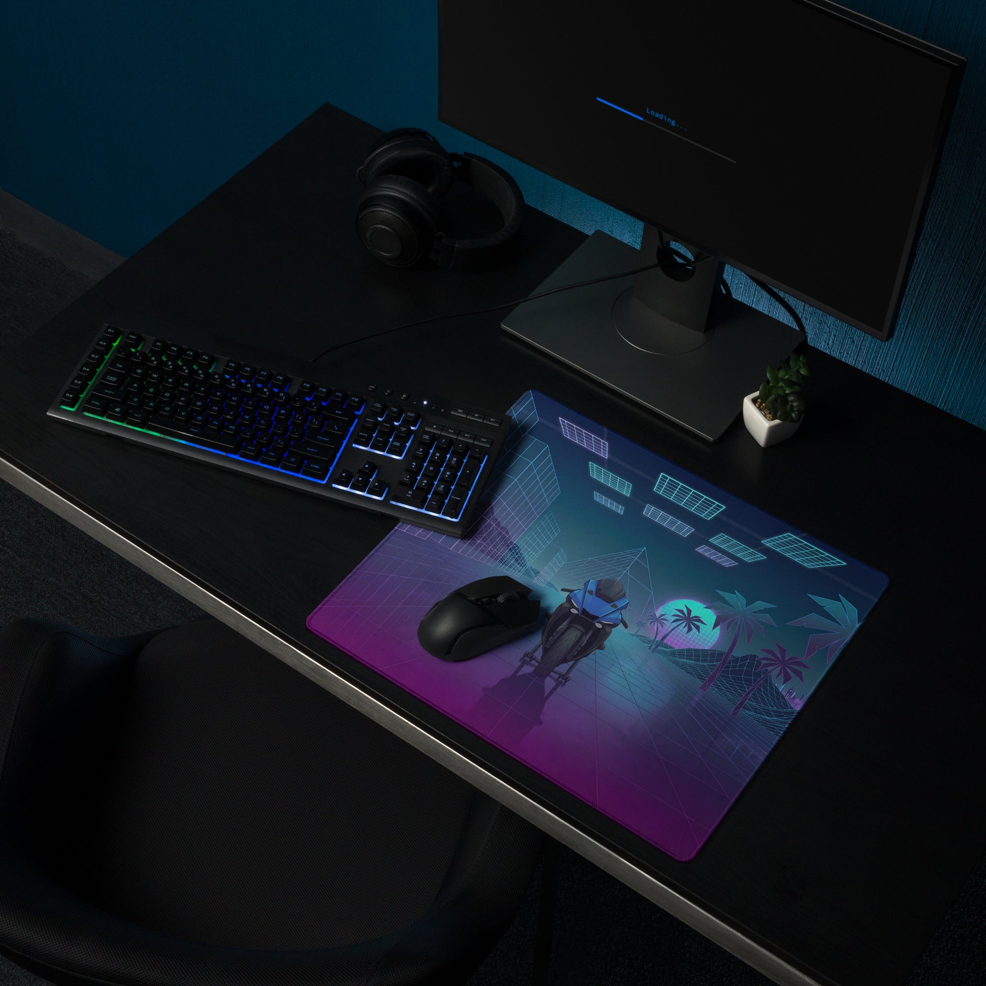 Yamaha YZF-R1 Inspired Blue Purple Vaporwave Gaming Mouse Pad – Neon Retro Grid Desk Mat, Futuristic Superbike Palm Tree Digital Artwork