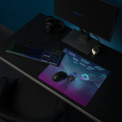 Yamaha YZF-R1 Inspired Blue Purple Vaporwave Gaming Mouse Pad – Neon Retro Grid Desk Mat, Futuristic Superbike Palm Tree Digital Artwork