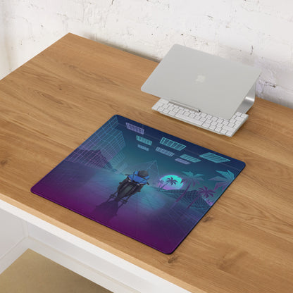 Yamaha YZF-R1 Inspired Blue Purple Vaporwave Gaming Mouse Pad – Neon Retro Grid Desk Mat, Futuristic Superbike Palm Tree Digital Artwork