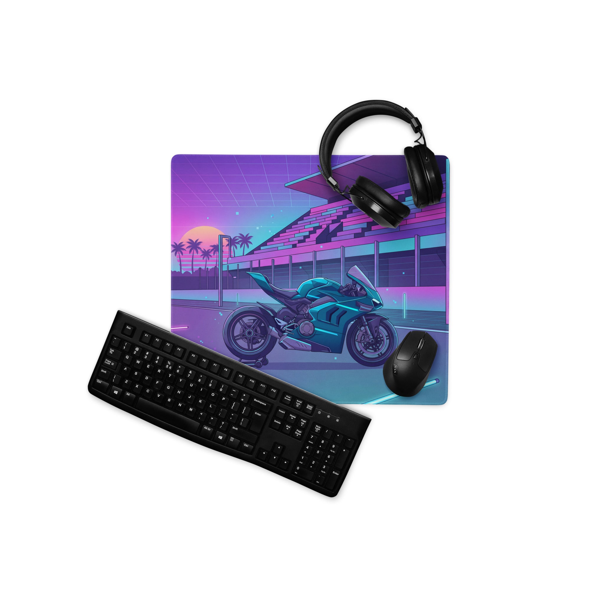 Ducati Panigale V4 Inspired Teal Purple Vaporwave Gaming Mouse Pad – Neon Sunset Racetrack Desk Mat, Retro Futuristic Superbike Digital Artwork