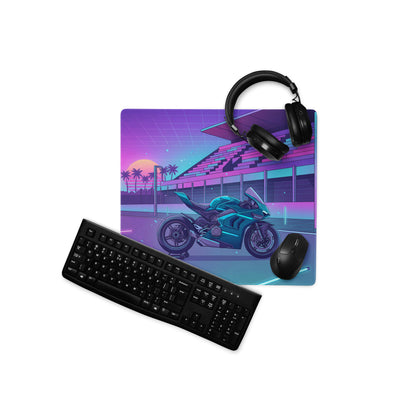 Ducati Panigale V4 Inspired Teal Purple Vaporwave Gaming Mouse Pad – Neon Sunset Racetrack Desk Mat, Retro Futuristic Superbike Digital Artwork