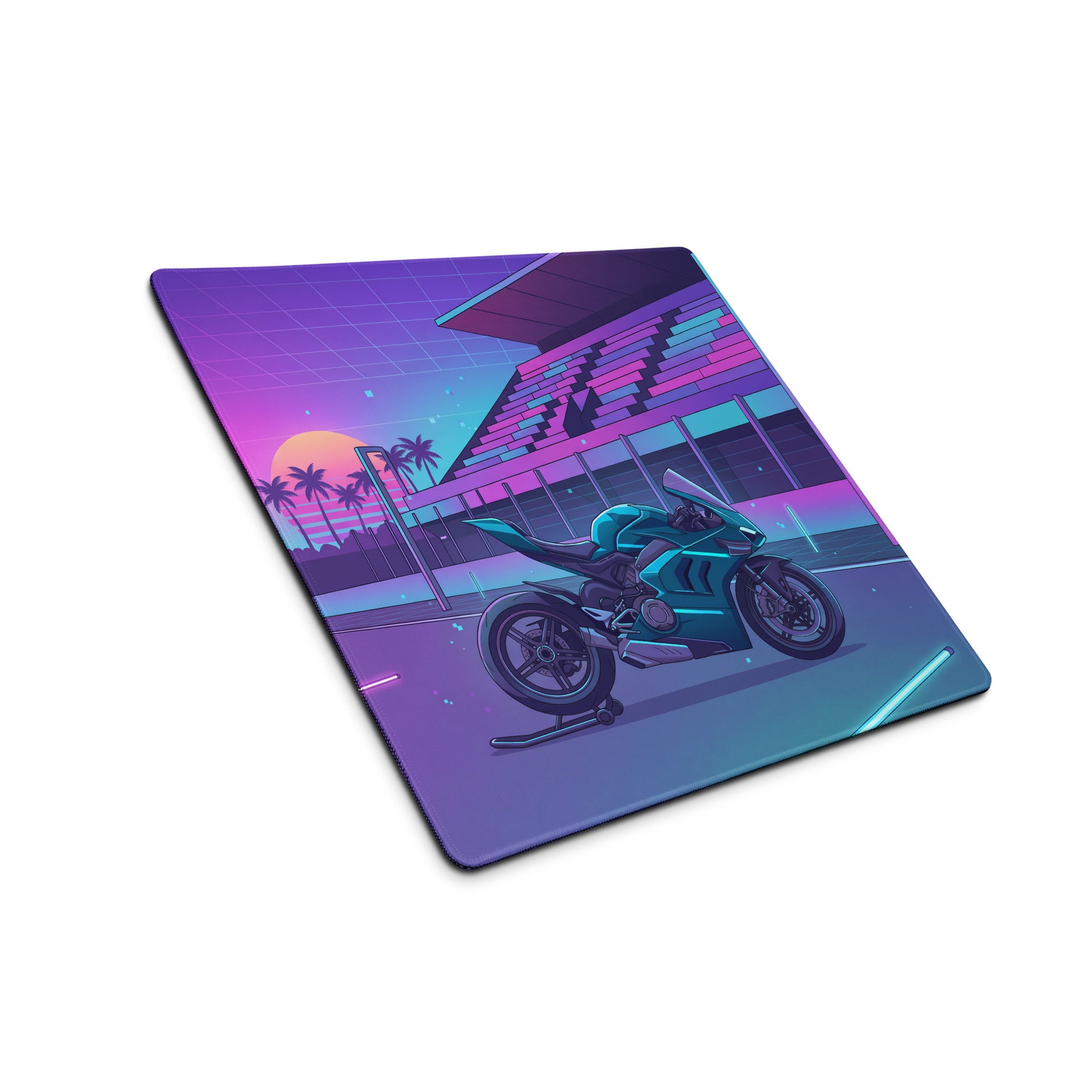 Ducati Panigale V4 Inspired Teal Purple Vaporwave Gaming Mouse Pad – Neon Sunset Racetrack Desk Mat, Retro Futuristic Superbike Digital Artwork
