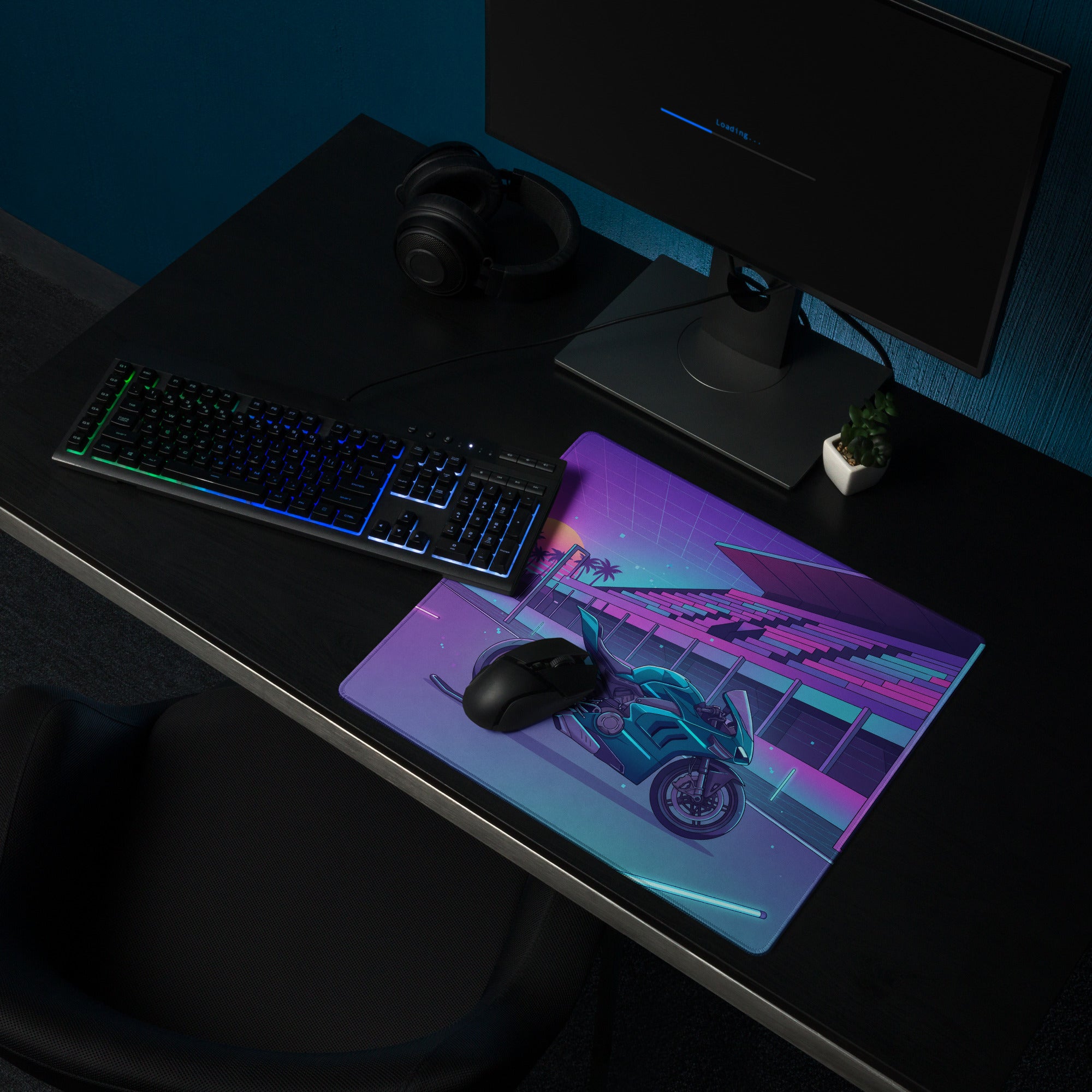 Ducati Panigale V4 Inspired Teal Purple Vaporwave Gaming Mouse Pad – Neon Sunset Racetrack Desk Mat, Retro Futuristic Superbike Digital Artwork