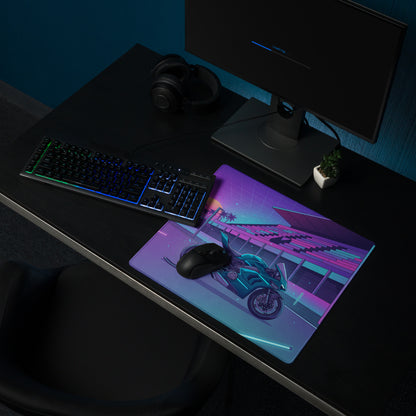 Ducati Panigale V4 Inspired Teal Purple Vaporwave Gaming Mouse Pad – Neon Sunset Racetrack Desk Mat, Retro Futuristic Superbike Digital Artwork