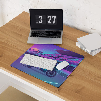 Ducati Panigale V4 Inspired Teal Purple Vaporwave Gaming Mouse Pad – Neon Sunset Racetrack Desk Mat, Retro Futuristic Superbike Digital Artwork