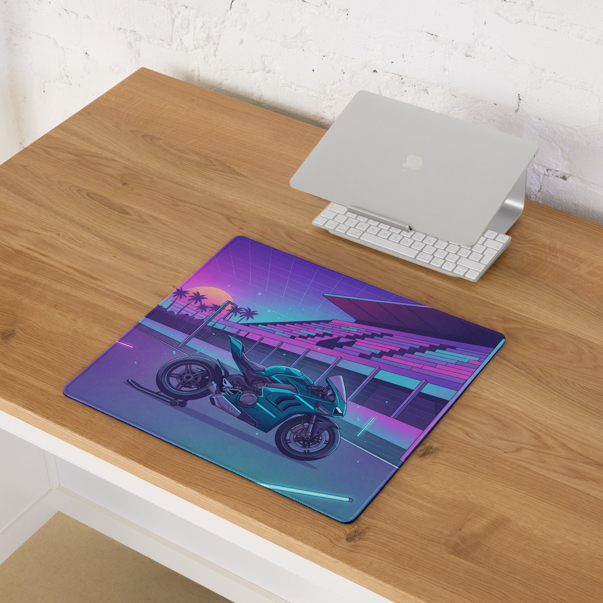 Ducati Panigale V4 Inspired Teal Purple Vaporwave Gaming Mouse Pad – Neon Sunset Racetrack Desk Mat, Retro Futuristic Superbike Digital Artwork