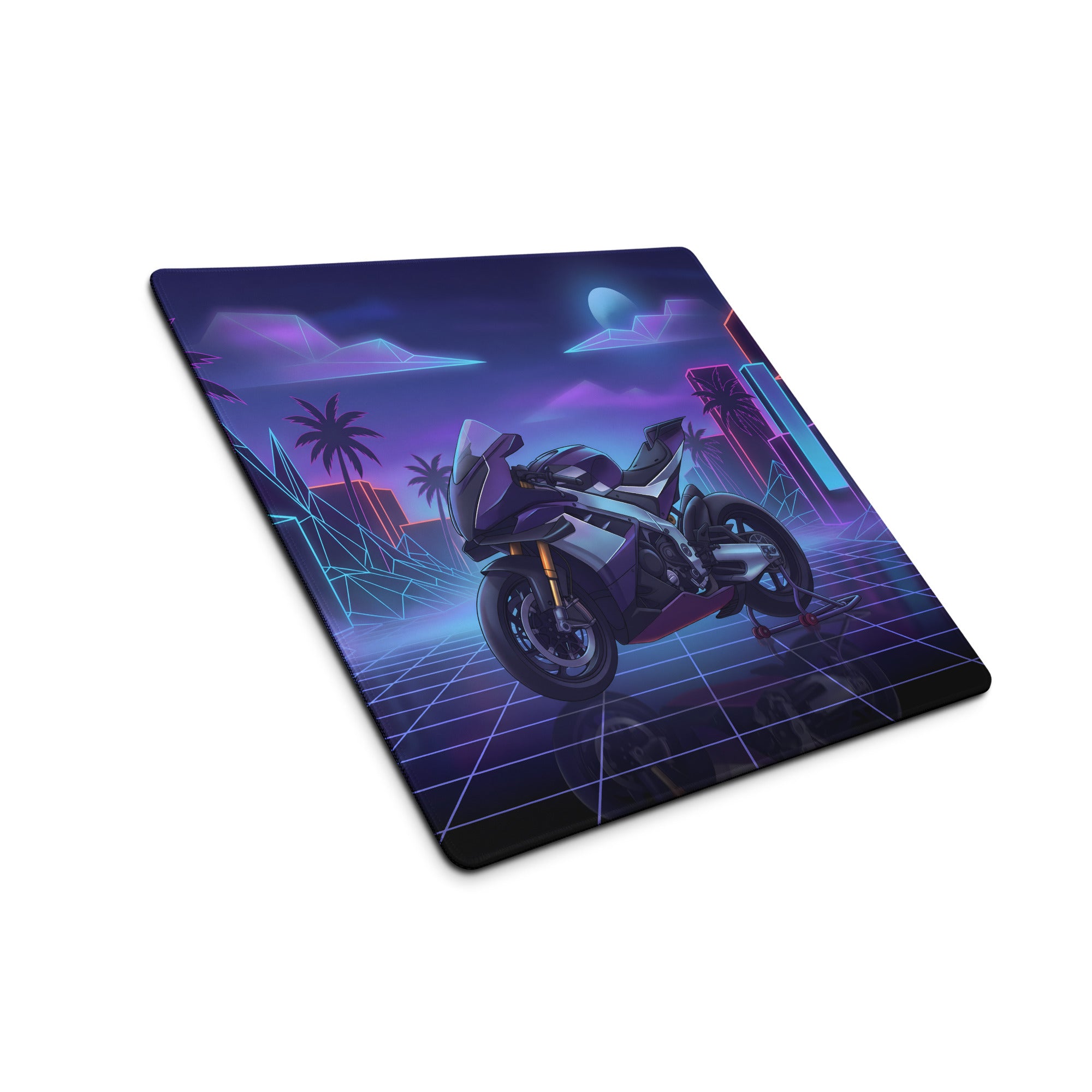 Aprilia RSV4 Xtrenta Inspired Silver Purple Vaporwave Gaming Mouse Pad – Neon Retro Grid Desk Mat, Futuristic Superbike Cityscape Digital Artwork