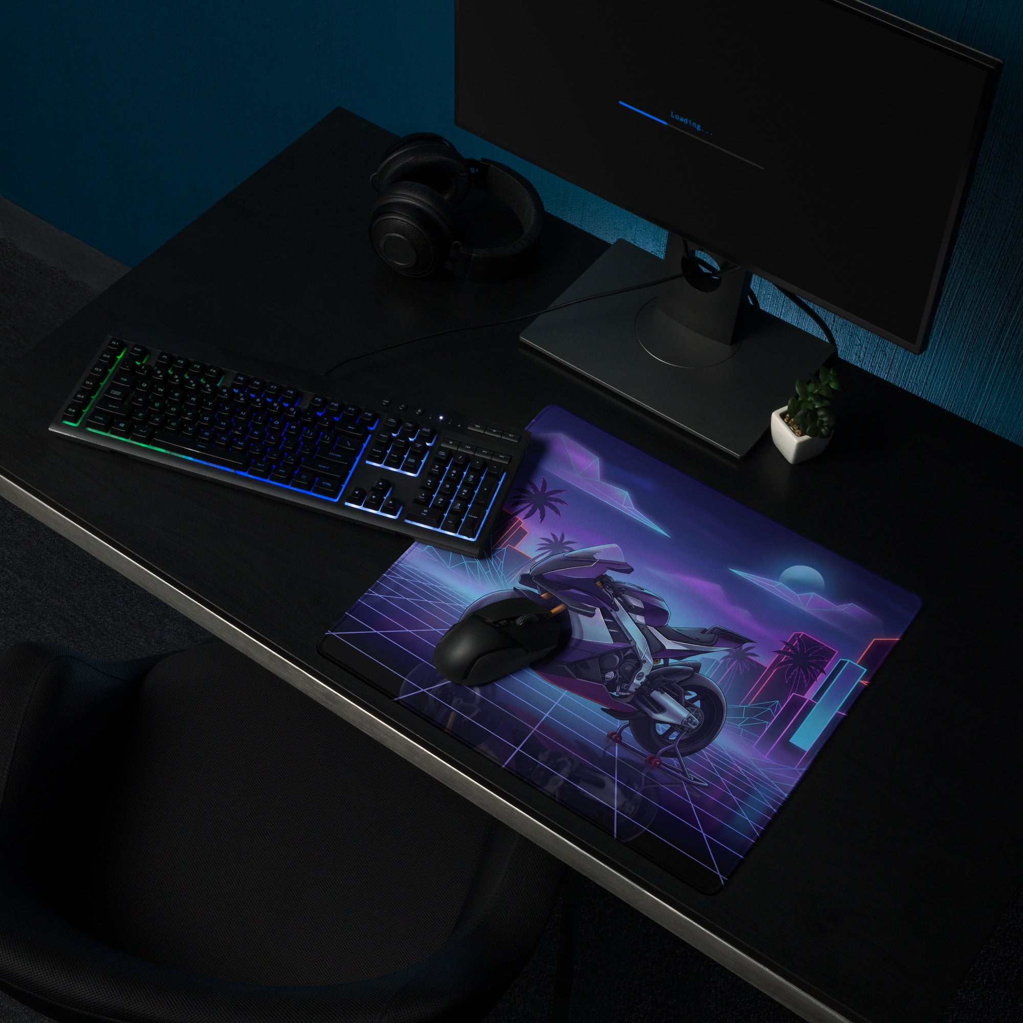 Aprilia RSV4 Xtrenta Inspired Silver Purple Vaporwave Gaming Mouse Pad – Neon Retro Grid Desk Mat, Futuristic Superbike Cityscape Digital Artwork