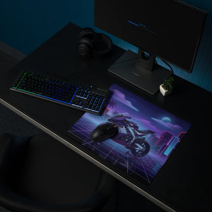 Aprilia RSV4 Xtrenta Inspired Silver Purple Vaporwave Gaming Mouse Pad – Neon Retro Grid Desk Mat, Futuristic Superbike Cityscape Digital Artwork