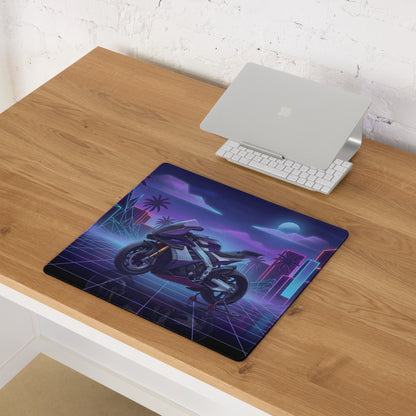 Aprilia RSV4 Xtrenta Inspired Silver Purple Vaporwave Gaming Mouse Pad – Neon Retro Grid Desk Mat, Futuristic Superbike Cityscape Digital Artwork