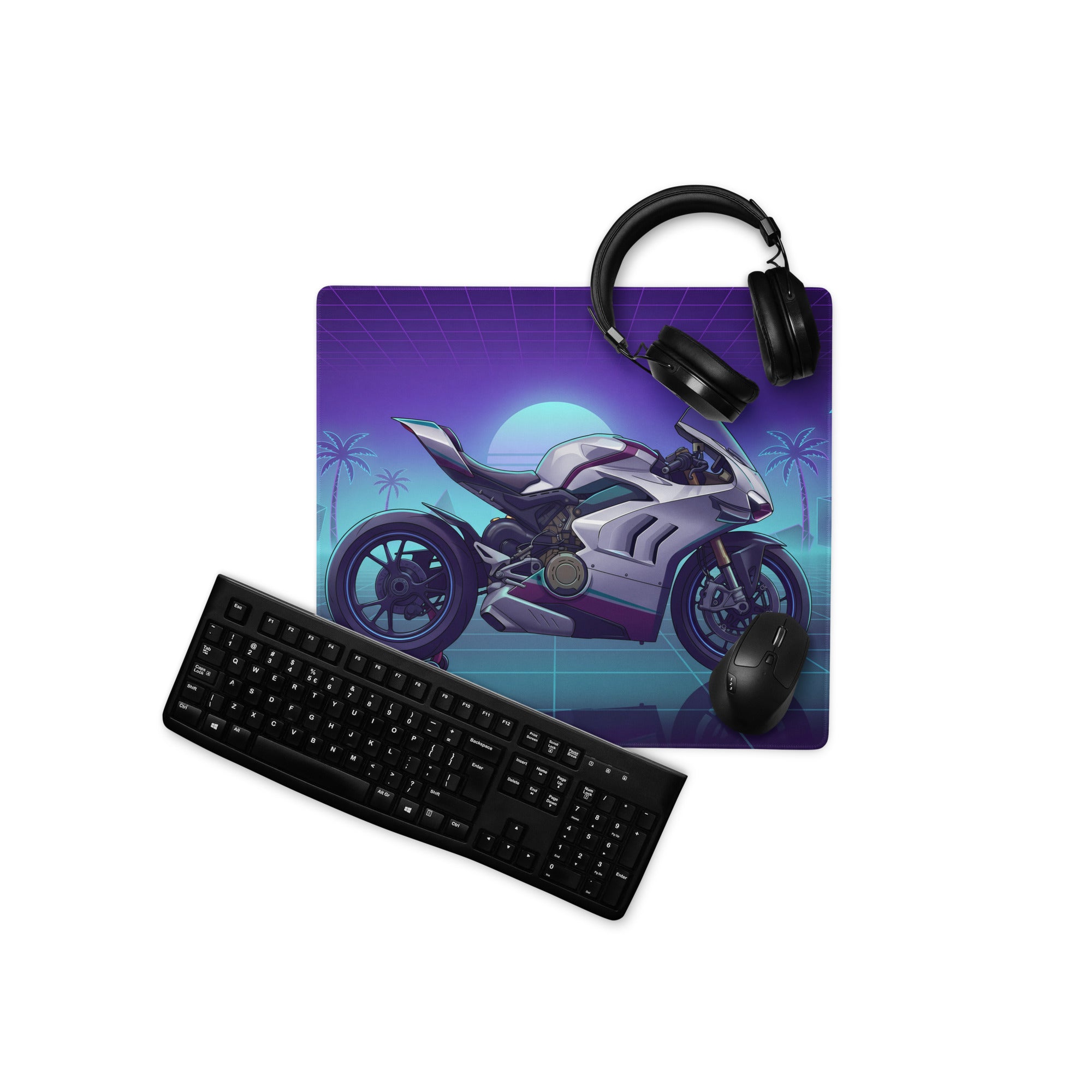 Ducati Panigale V4 Inspired White Purple Vaporwave Gaming Mouse Pad – Neon Palm Grid Desk Mat, Retro Futuristic Superbike Digital Artwork