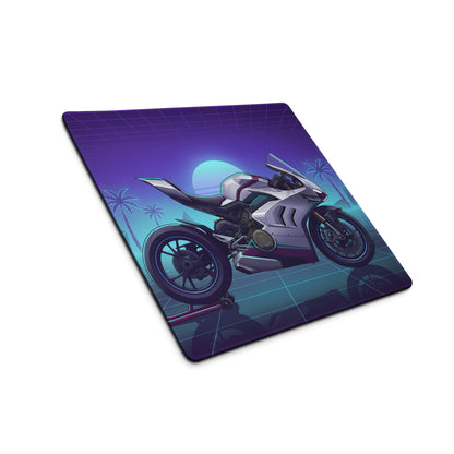 Ducati Panigale V4 Inspired White Purple Vaporwave Gaming Mouse Pad – Neon Palm Grid Desk Mat, Retro Futuristic Superbike Digital Artwork
