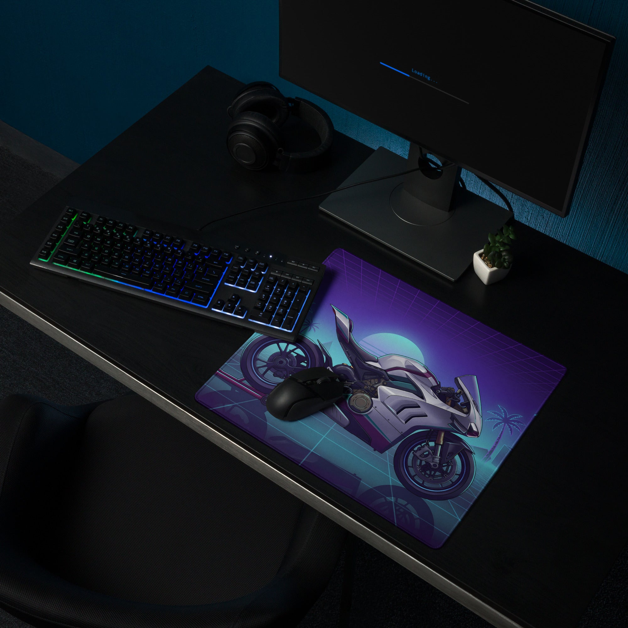 Ducati Panigale V4 Inspired White Purple Vaporwave Gaming Mouse Pad – Neon Palm Grid Desk Mat, Retro Futuristic Superbike Digital Artwork