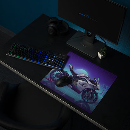 Ducati Panigale V4 Inspired White Purple Vaporwave Gaming Mouse Pad – Neon Palm Grid Desk Mat, Retro Futuristic Superbike Digital Artwork