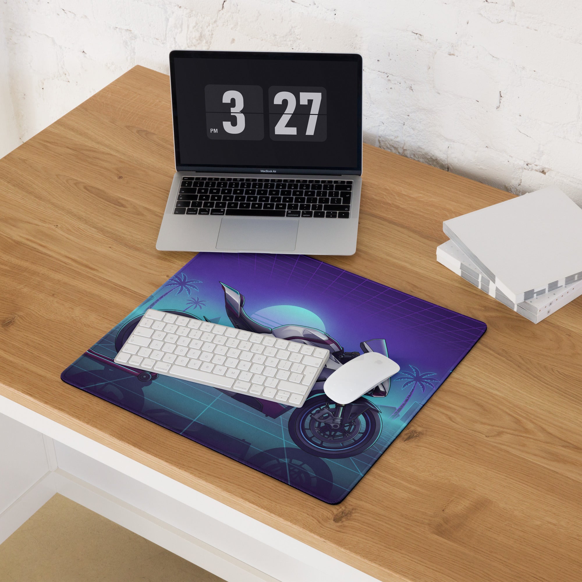 Ducati Panigale V4 Inspired White Purple Vaporwave Gaming Mouse Pad – Neon Palm Grid Desk Mat, Retro Futuristic Superbike Digital Artwork