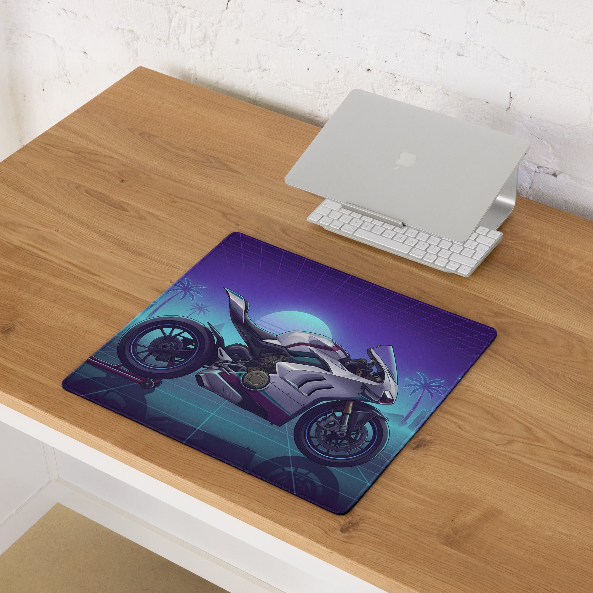 Ducati Panigale V4 Inspired White Purple Vaporwave Gaming Mouse Pad – Neon Palm Grid Desk Mat, Retro Futuristic Superbike Digital Artwork