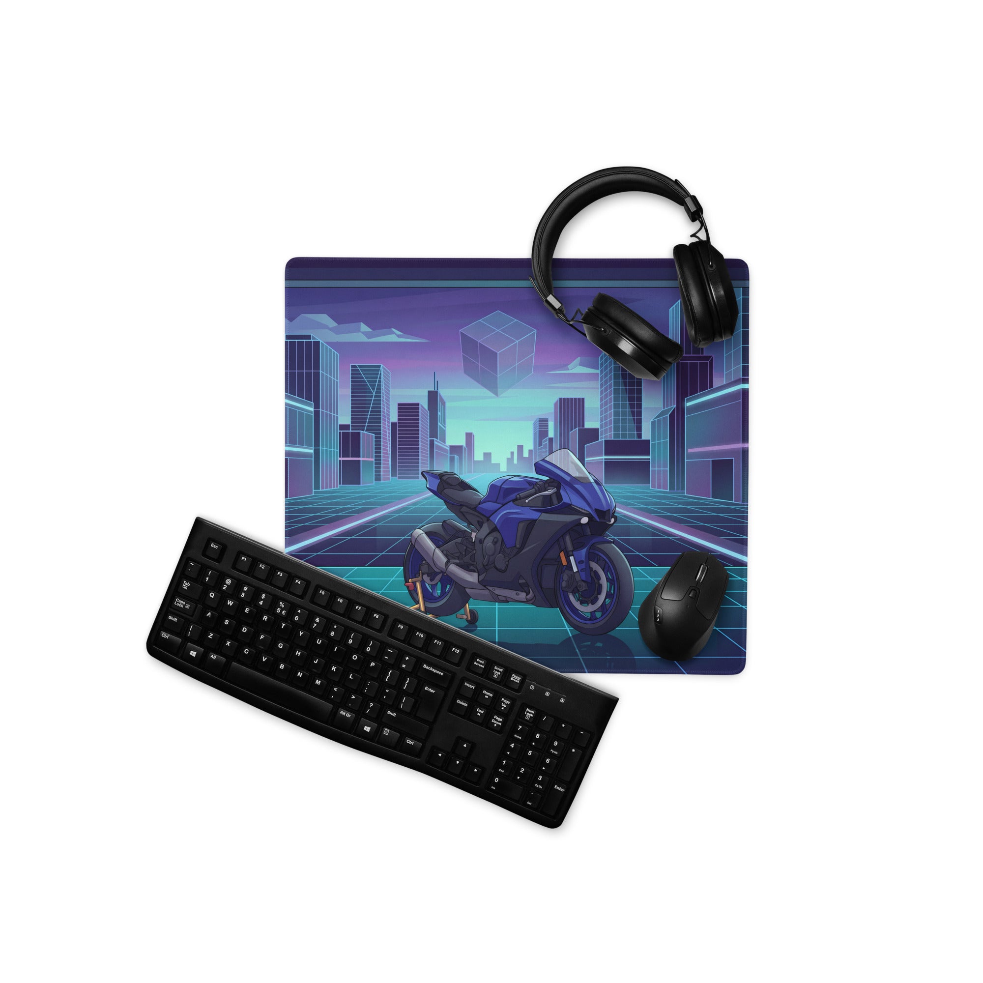 Yamaha YZF-R1 Inspired Blue Cyan Vaporwave Gaming Mouse Pad – Neon Cyber City Garage Desk Mat, Retro Futuristic Superbike Digital Artwork
