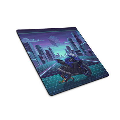 Yamaha YZF-R1 Inspired Blue Cyan Vaporwave Gaming Mouse Pad – Neon Cyber City Garage Desk Mat, Retro Futuristic Superbike Digital Artwork