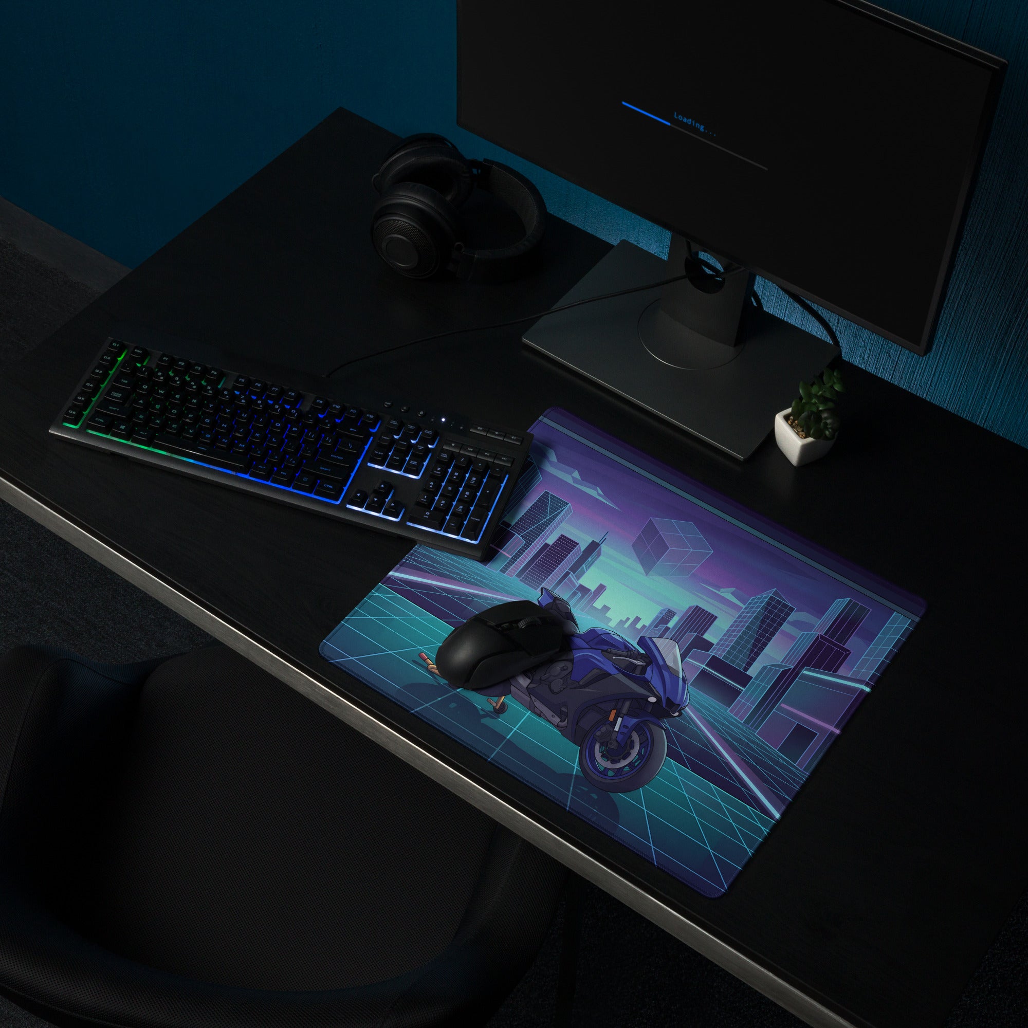 Yamaha YZF-R1 Inspired Blue Cyan Vaporwave Gaming Mouse Pad – Neon Cyber City Garage Desk Mat, Retro Futuristic Superbike Digital Artwork