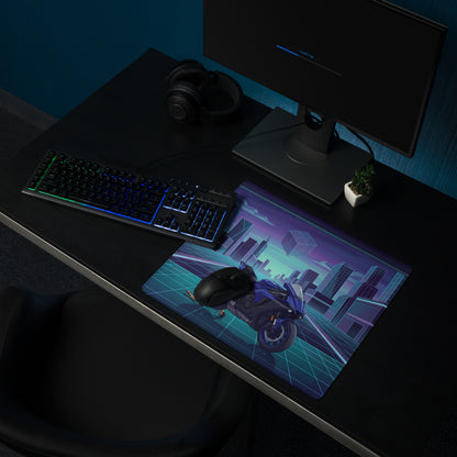 Yamaha YZF-R1 Inspired Blue Cyan Vaporwave Gaming Mouse Pad – Neon Cyber City Garage Desk Mat, Retro Futuristic Superbike Digital Artwork