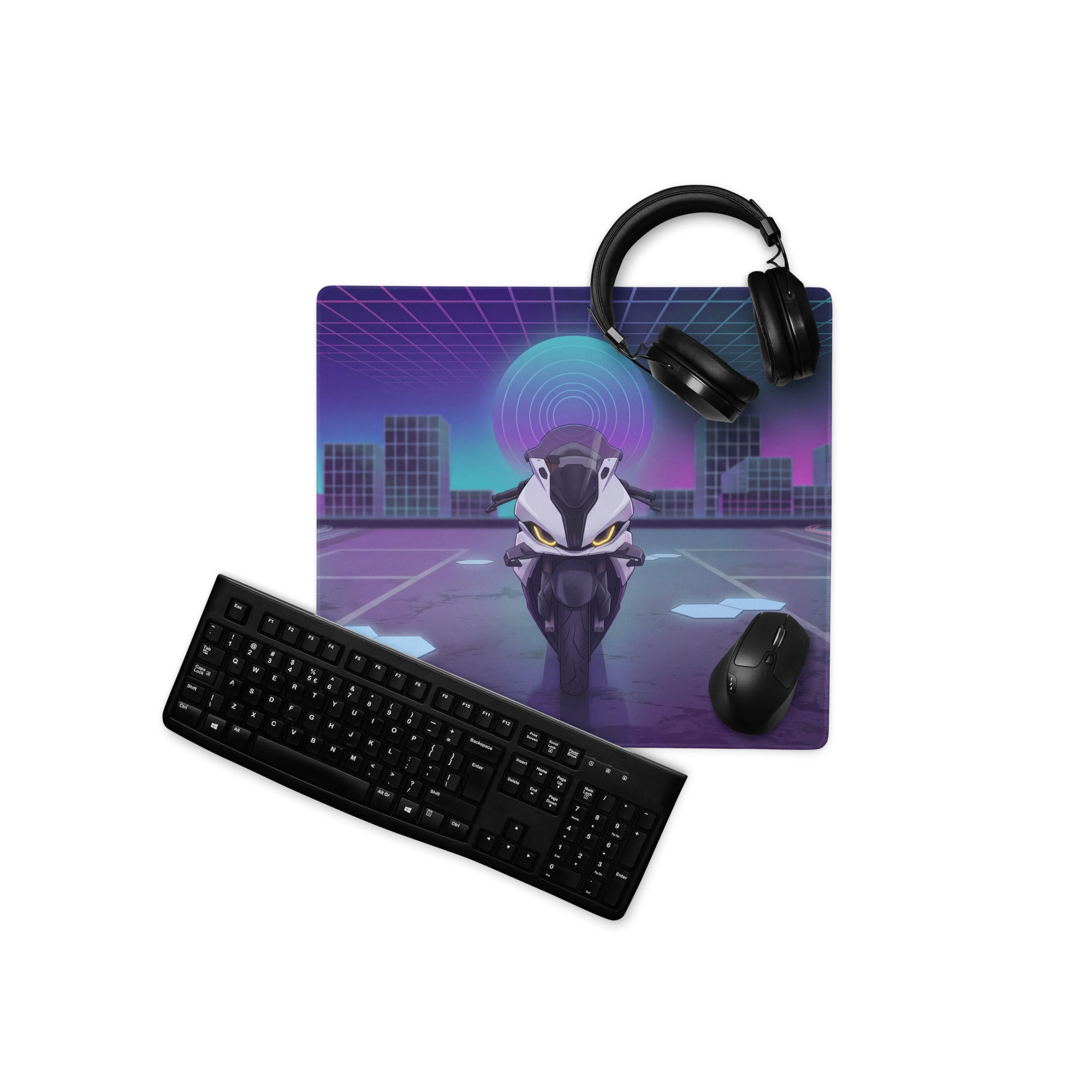 BMW S 1000 RR Inspired White Purple Vaporwave Gaming Mouse Pad – Neon Cyber City Desk Mat, Futuristic Superbike Digital Artwork