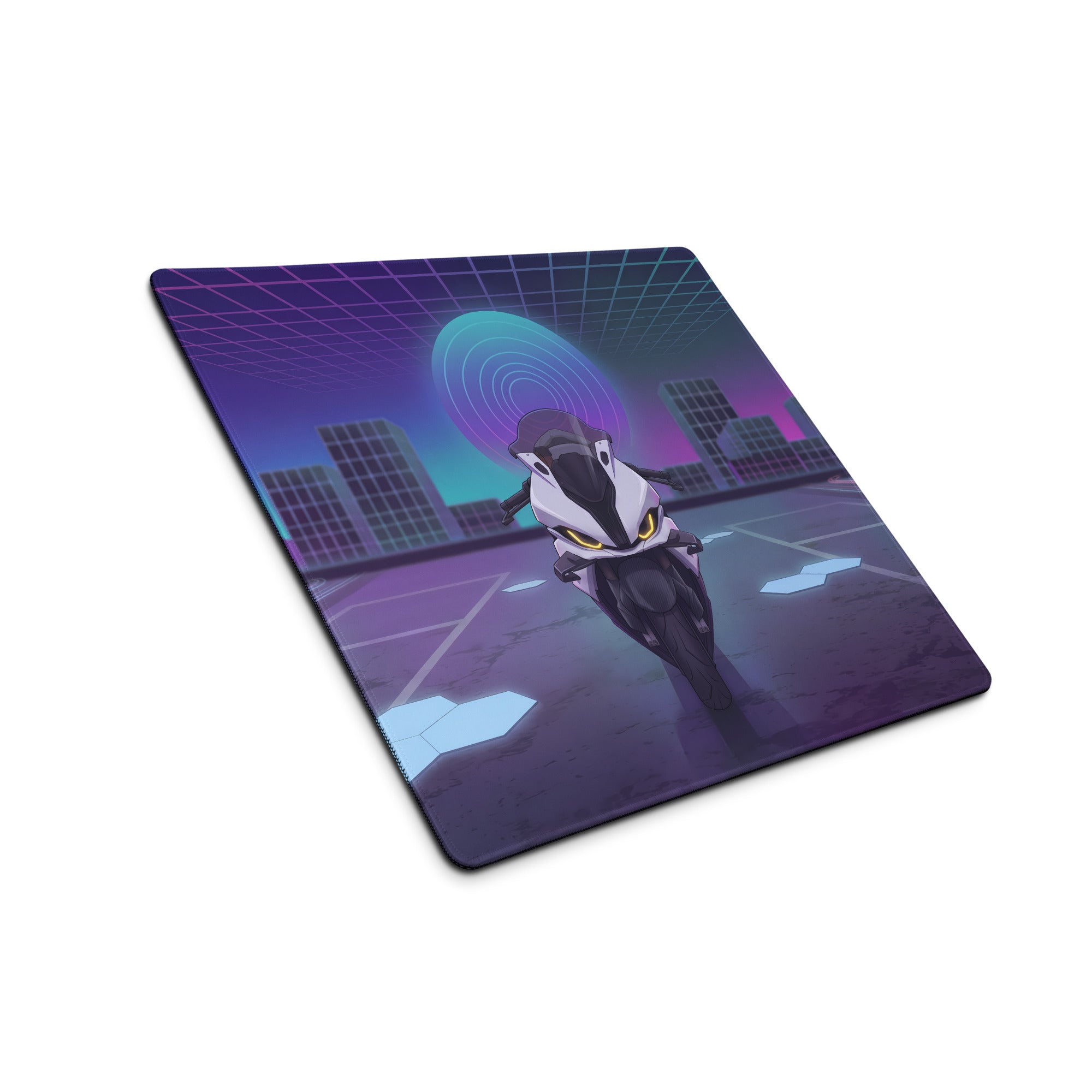 BMW S 1000 RR Inspired White Purple Vaporwave Gaming Mouse Pad – Neon Cyber City Desk Mat, Futuristic Superbike Digital Artwork