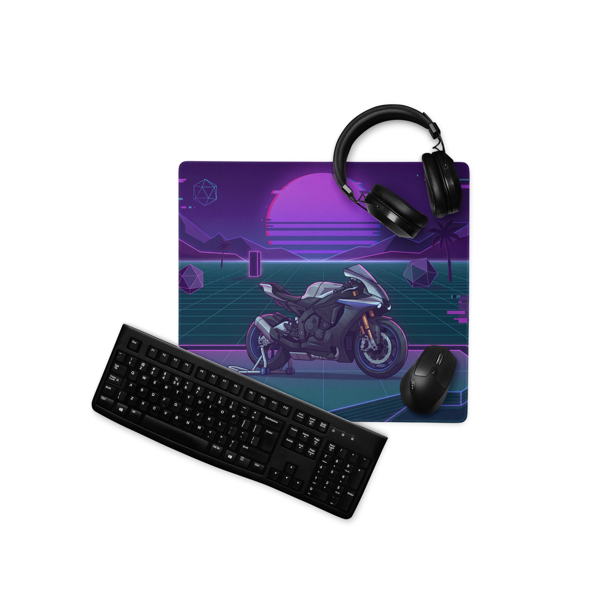 Yamaha YZF-R1M Inspired Silver Purple Vaporwave Gaming Mouse Pad – Neon Sunset Grid Desk Mat, Retro Futuristic Superbike Digital Artwork