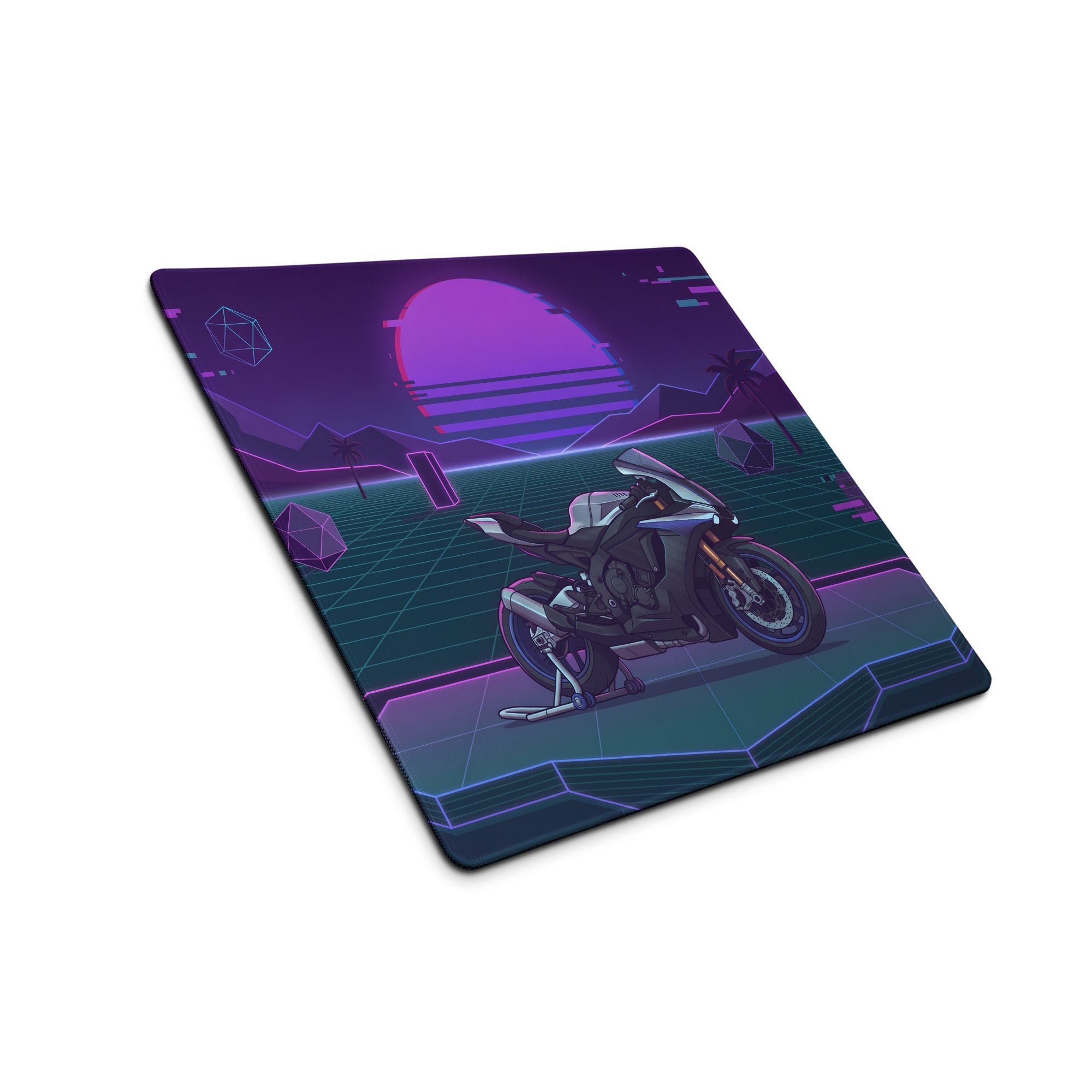Yamaha YZF-R1M Inspired Silver Purple Vaporwave Gaming Mouse Pad – Neon Sunset Grid Desk Mat, Retro Futuristic Superbike Digital Artwork