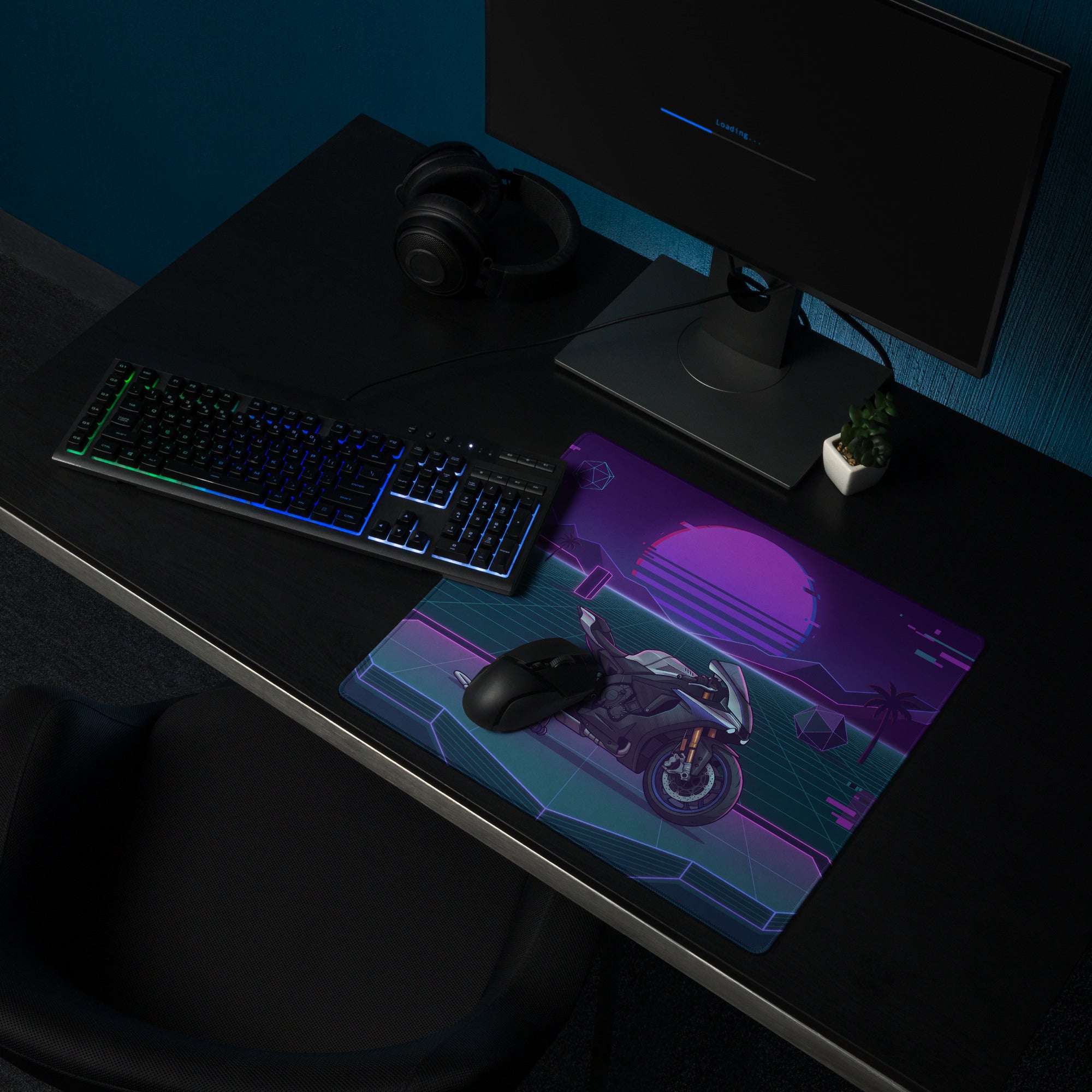 Yamaha YZF-R1M Inspired Silver Purple Vaporwave Gaming Mouse Pad – Neon Sunset Grid Desk Mat, Retro Futuristic Superbike Digital Artwork
