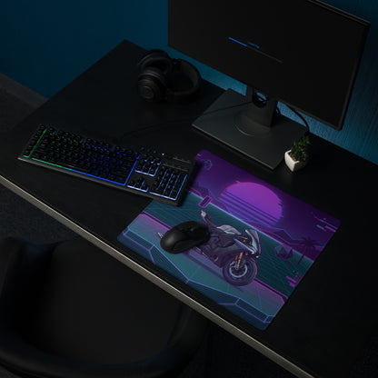 Yamaha YZF-R1M Inspired Silver Purple Vaporwave Gaming Mouse Pad – Neon Sunset Grid Desk Mat, Retro Futuristic Superbike Digital Artwork