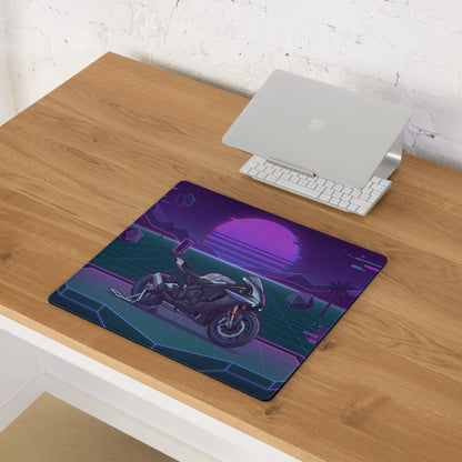 Yamaha YZF-R1M Inspired Silver Purple Vaporwave Gaming Mouse Pad – Neon Sunset Grid Desk Mat, Retro Futuristic Superbike Digital Artwork
