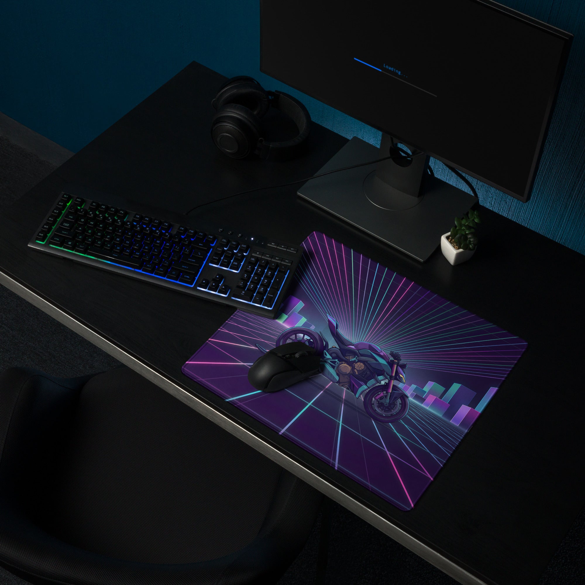 Ducati Streetfighter V4 Inspired Teal Purple Vaporwave Gaming Mouse Pad – Neon Cyber City Desk Mat, Retro Futuristic Motorcycle Digital Artwork