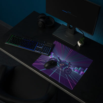 Ducati Streetfighter V4 Inspired Teal Purple Vaporwave Gaming Mouse Pad – Neon Cyber City Desk Mat, Retro Futuristic Motorcycle Digital Artwork