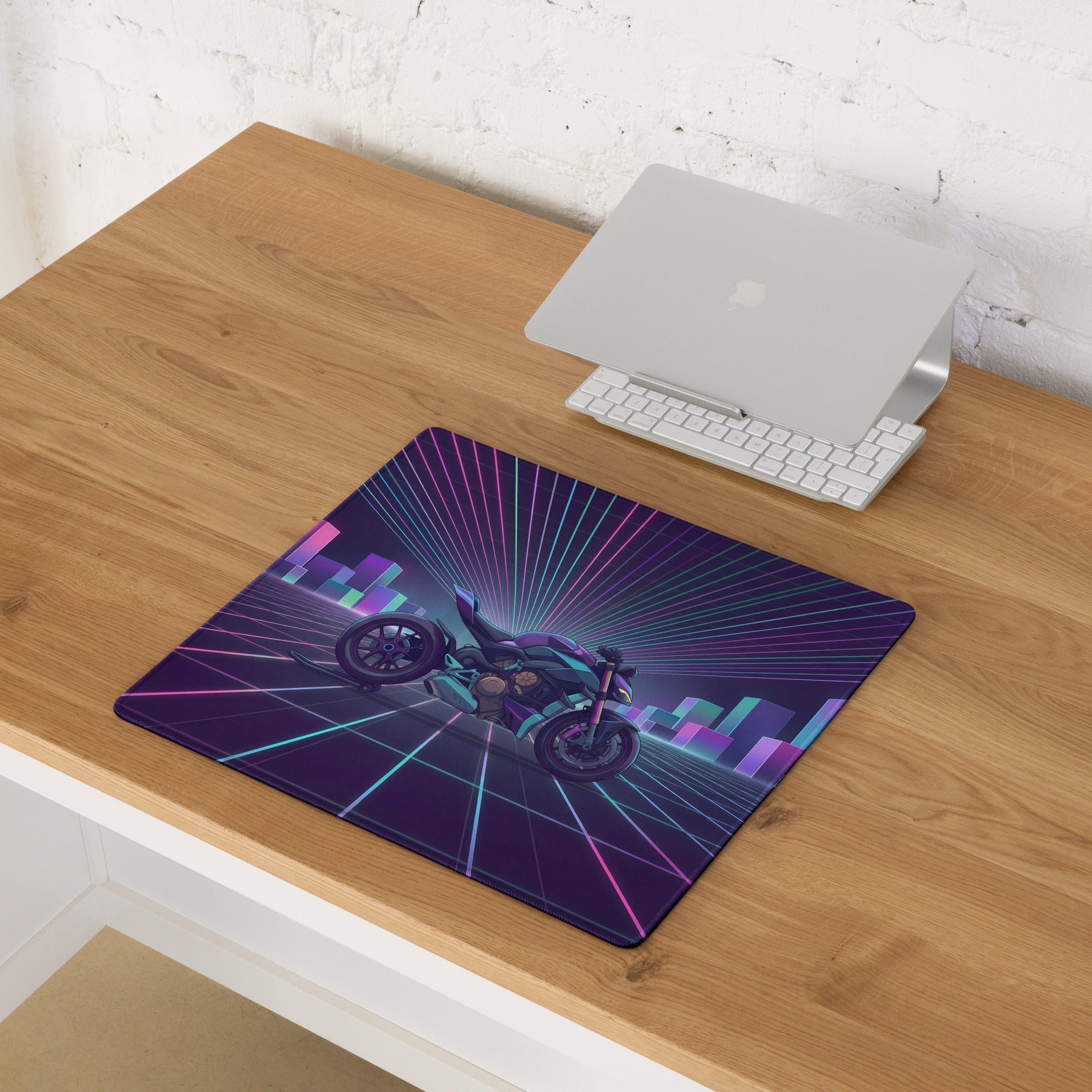 Ducati Streetfighter V4 Inspired Teal Purple Vaporwave Gaming Mouse Pad – Neon Cyber City Desk Mat, Retro Futuristic Motorcycle Digital Artwork