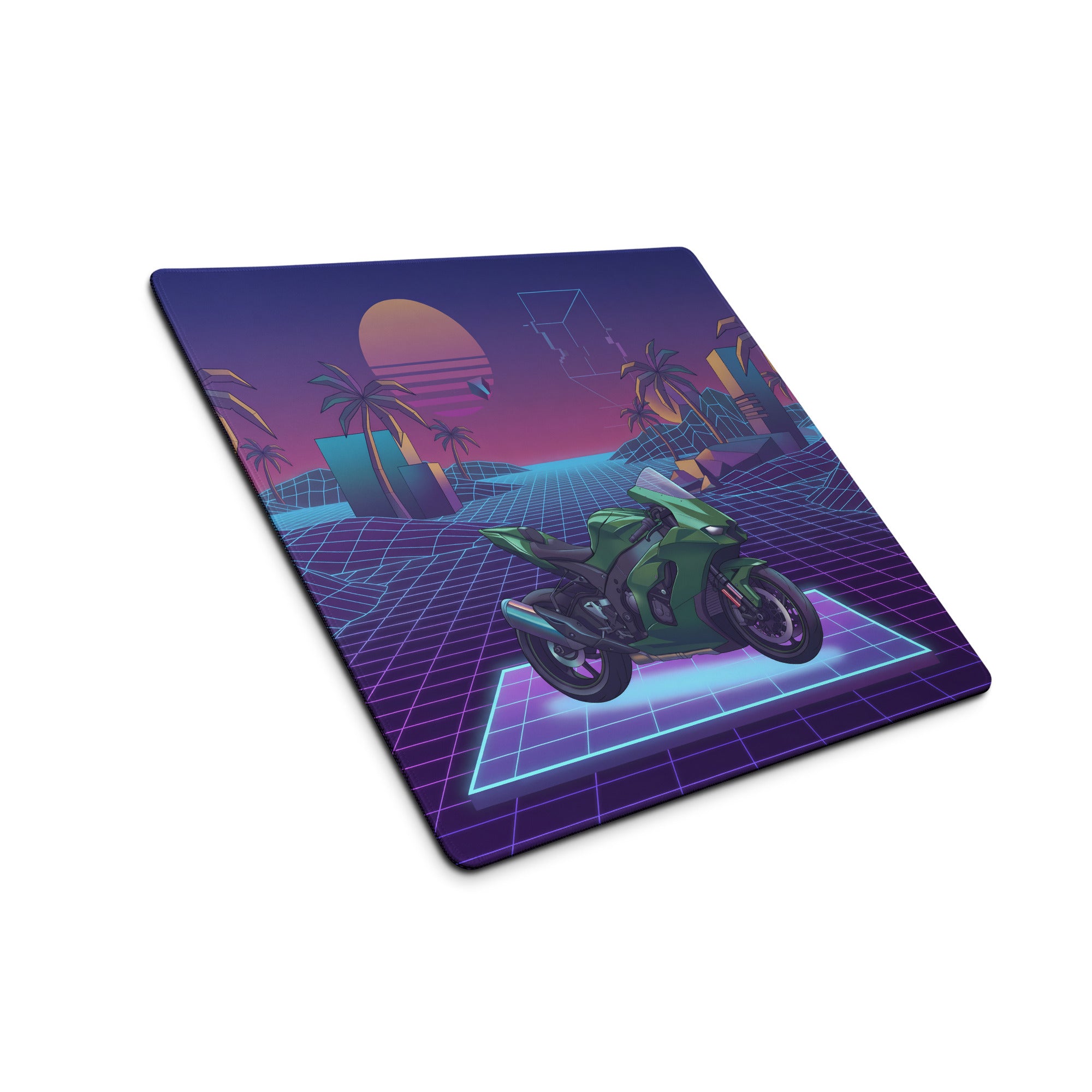Kawasaki Ninja ZX-10R Inspired Green Purple Vaporwave Gaming Mouse Pad – Neon Sunset Grid Desk Mat, Retro Futuristic Superbike Digital Artwork