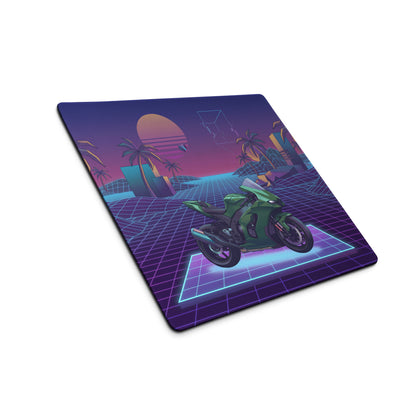 Kawasaki Ninja ZX-10R Inspired Green Purple Vaporwave Gaming Mouse Pad – Neon Sunset Grid Desk Mat, Retro Futuristic Superbike Digital Artwork