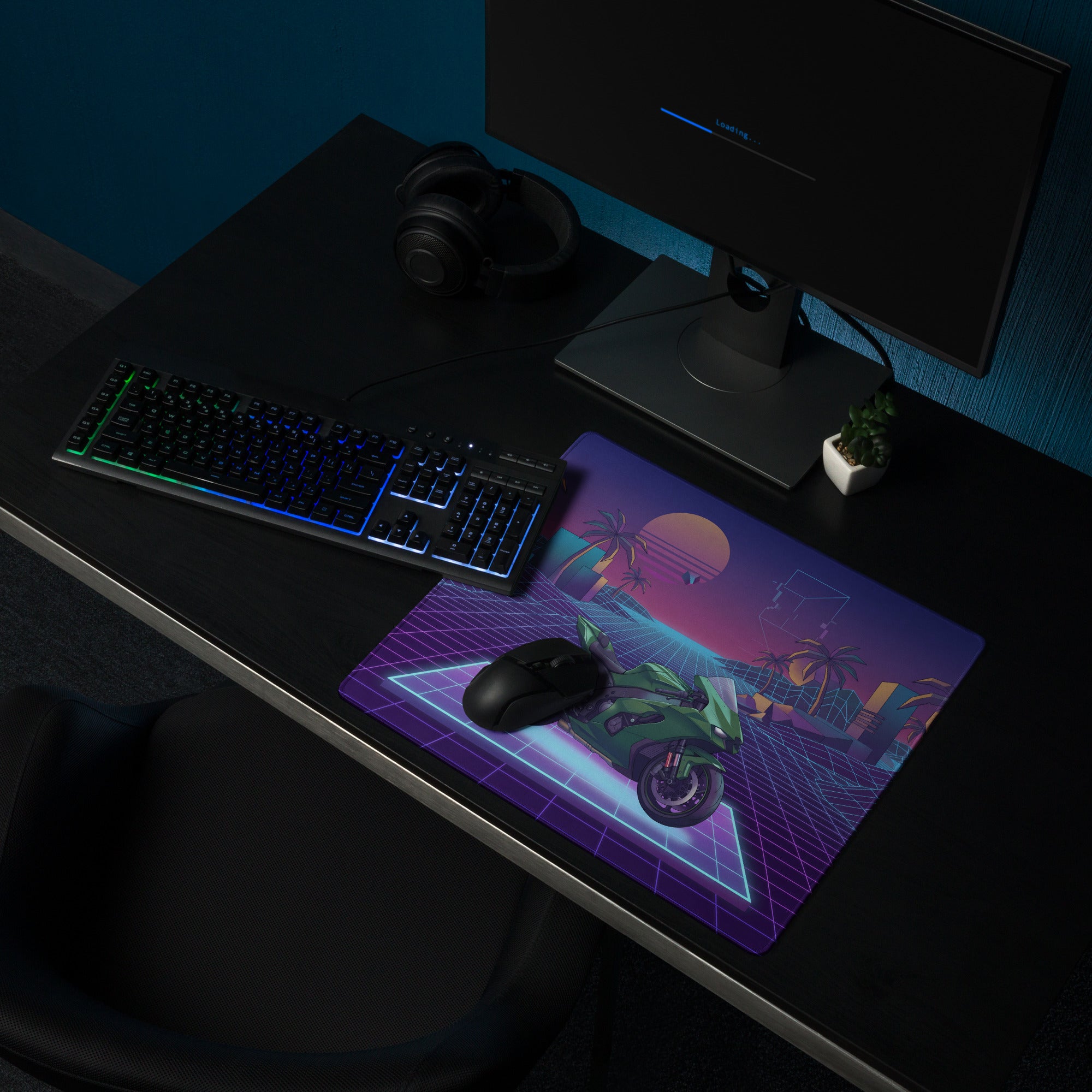 Kawasaki Ninja ZX-10R Inspired Green Purple Vaporwave Gaming Mouse Pad – Neon Sunset Grid Desk Mat, Retro Futuristic Superbike Digital Artwork